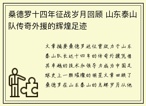 桑德罗十四年征战岁月回顾 山东泰山队传奇外援的辉煌足迹
