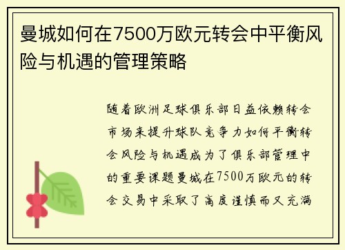 曼城如何在7500万欧元转会中平衡风险与机遇的管理策略