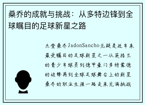 桑乔的成就与挑战：从多特边锋到全球瞩目的足球新星之路